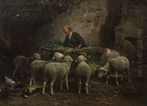 Magd Bei Den Schafen Im Stall by Franck Brissot