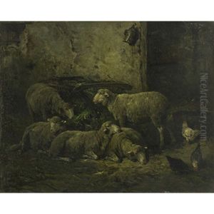 Sheep And Chickens In A Manger by Franck Brissot