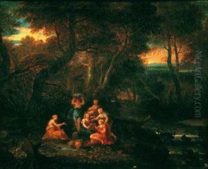 Une Assemblee De Sept Femmes Vetues A L'antique Sur La Berge D'une Riviere En Foret by Gabriel Allegrain