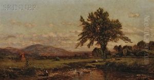 View Of A Fisherman By A Creek With Grazing Cattle by John Bunyan Bristol
