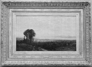 Panoramic New England Landscape With Figure At Foreground, Village With Church Spire At Middle Distance And Lake Beyond (champlain?)