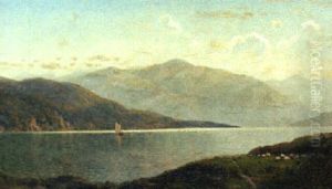 Summer Day With Sailboat On A Lake, Sheep Grazing On The Near Shore And Mountains Beyond