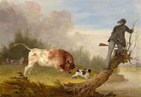 A Hunter Fleeing A Raging Bull - view 1
