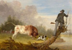 A Hunter Fleeing A Raging Bull by Edmund Bristow