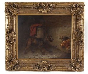 Challenging The Intruder, Dogs And A Donkey In A Stable Interior by Edmund Bristow