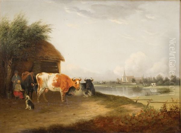 Cattle With Figures And Dog By A Thatched Barn, A River And Church Beyond - view 1