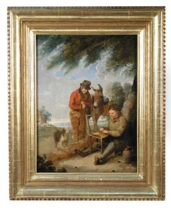 A Farmer With His Donkey And His Collie Watching A Basket Weaver At Work On A Chair
