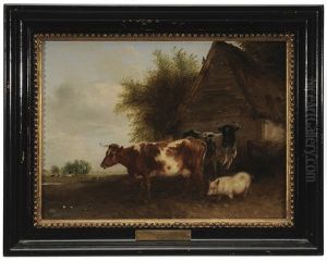 Cows And A Pig In A Farmyard