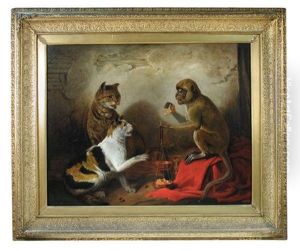 A Tabby Cat And A Tortoiseshell Cat With A Monkey With Scales Disputing Food by Edmund Bristow