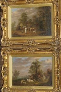 Farmer On Horseback With A Cow And Calf Nearby (+ Landscape With Farmers, Cattle And Sheep Beside A Path; Pair) by Edmund Bristow