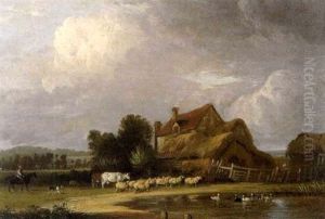 Teichlandschaft Mit Bauernhaus, Kuhen Und Schafen by Edmund Bristow