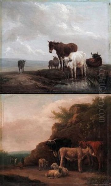 Donkey And Catle Watering (+ Cattle And Sheep Resting; Pair) - view 1