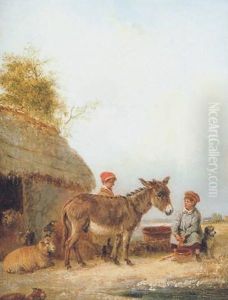 Preparing Carrots For The Donkey, With Sheep And A Dog In A Landscape