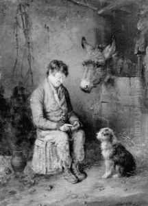 A Peasant In A Stall With A Donkey And Terrier by Edmund Bristow