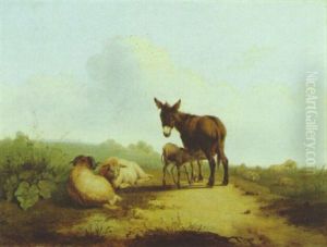Donkeys And Sheep In A Meadow by Edmund Bristow