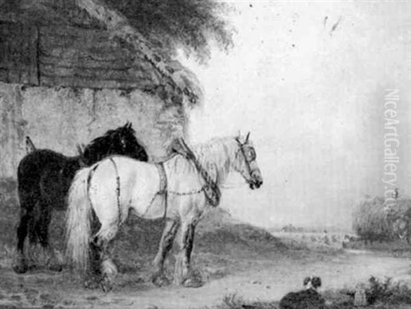Cart Horses By A Barn - view 1