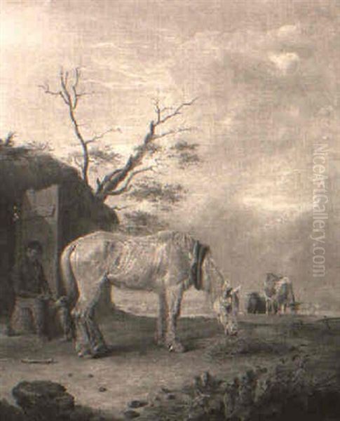 Horses Grazing Outside A Thatched Cottage - view 1