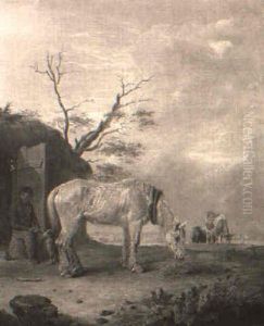 Horses Grazing Outside A Thatched Cottage by Edmund Bristow