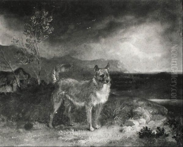 Study Of A Dog With Cottage And Landscape Beyond - view 1