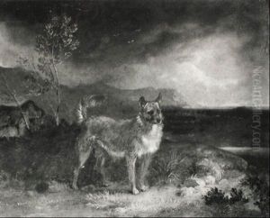 Study Of A Dog With Cottage And Landscape Beyond by Edmund Bristow