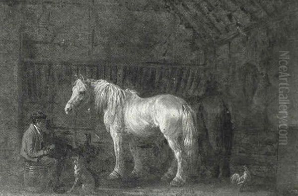 Two Ponies And A Stable Hand In A Stable - view 1