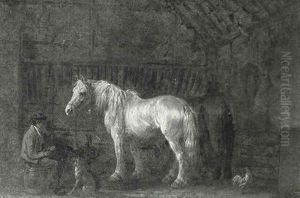 Two Ponies And A Stable Hand In A Stable by Edmund Bristow