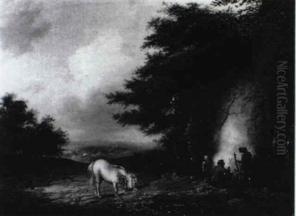 Travellers Around A Campfire At The Side Of A Track - view 1