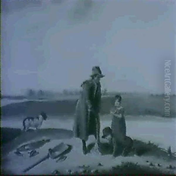 Fisherman, Children And Catch By River - view 1