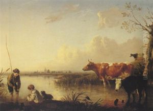 Children Fishing On The River Thames Near Windsor, With A Distant View Of Bray
