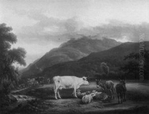 River Landscape With Cattle Sheep And Donkeys By A Stream by Edmund Bristow