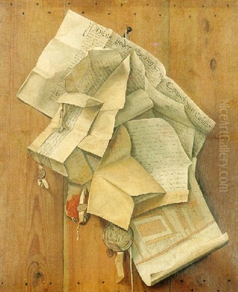 Still Life Of Letters, Seals And Documents Nailed To A Wooden Board - view 1