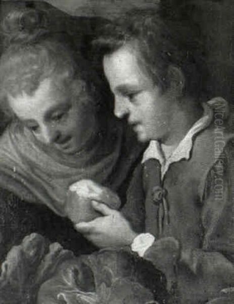 Two Children Eating An Apple In An Interior - view 1