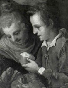 Two Children Eating An Apple In An Interior by Francesco Brizzio