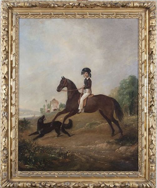 Portrait Of A Young Gentleman On Horseback With A Black Retriever In Landscape - view 1
