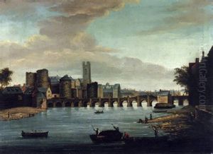 A View Of Limerick With Old Thomond Bridge, King John's Castle And St. Mary's Cathedral With Figures And Boats In The Foreground by Samuel Frederick Brocas