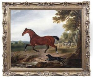 A Bay Stallion With A Dog In Landscape by William Brocas