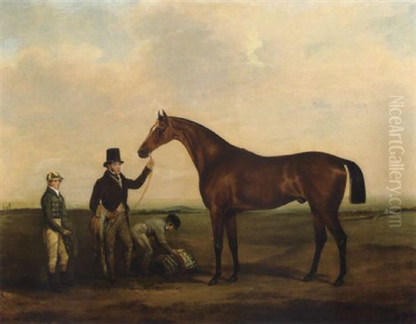 A Racehorse With Jockey And Attendants In A Field - view 1