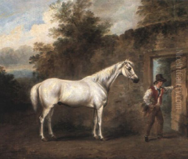 A Grey Hack, Yaroute, With Groom Beside A Gate - view 1