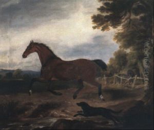A Bay Stallion With A Spaniel In A Landscape A Bay Stallion With A Spaniel In A Landscape