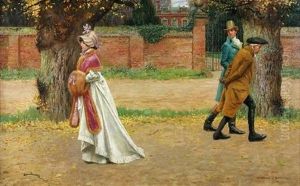 An Elegant Lady Passing Two Gentlemen Outside A Country House (anstey Hall, Trumpington?) by Charles Edward Brock