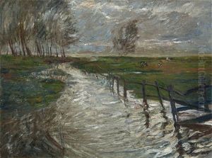 Luchlandschaft (wustrov - Langen). Verso: Kuhe Auf Der Weide by Theo Von Brockhusen