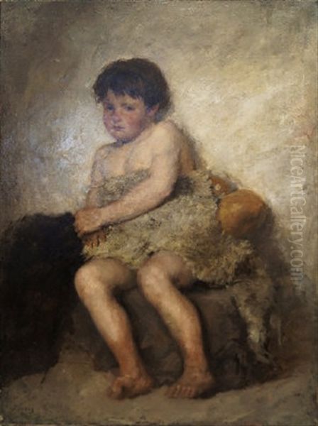 Portrait Of A Young Boy Seated Full Length Wearing Sheepskin - view 1