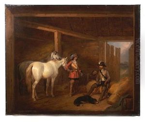 Soldiers And Horses In A Stable by Josef Brodowski the Younger