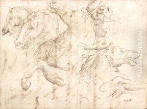 Etude De Cavalier Et De Tetes De Chevaux