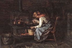 Kitchen Interior With Woman Preparing A Meal