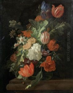 Tulips, Morning Glory, Narcissi And Other Flowers In A Glass Vase On A Stone Ledge by Elias van den Broeck