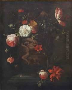 Roses, Tulips, A Chrysanthemum And Various Other Flowers In A Vase With Classical Figures In Relief, And A Snail, All On A Stone Ledge