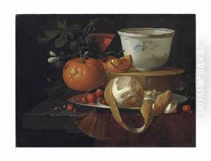 A Partially Peeled Orange, Strawberries And Other Fruit With A Wine Glass And Wan-li Bowl On A Partially Draped Stone Ledge by Elias van den Broeck