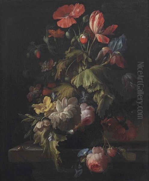 A Poppy, Tulip, Chrysanthemum, Morning Glory, Roses And Various Other Flowers In A Vase, All On A Stone Ledge, With A Snail - view 1