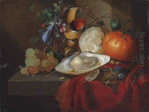 An Oyster, Grapes, A Partly- Peeled Lemon, An Orange And Flowers, On A Partially Draped Stone Ledge